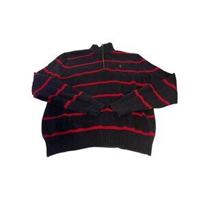 Polo Ralph Lauren Long Sleeve Navy Blue Red Striped 1/4 Zip Sweater Men's Size L